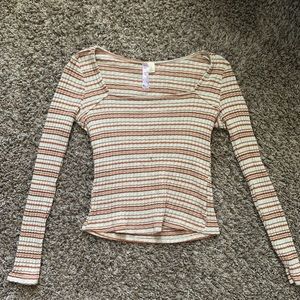 S Long Sleeve, Cropped, Fitted,  Wide Neck, Rust and Cream Sweater